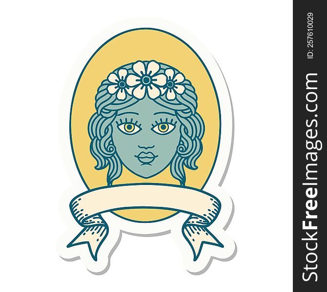 Tattoo Sticker With Banner Of A Maiden With Crown Of Flowers