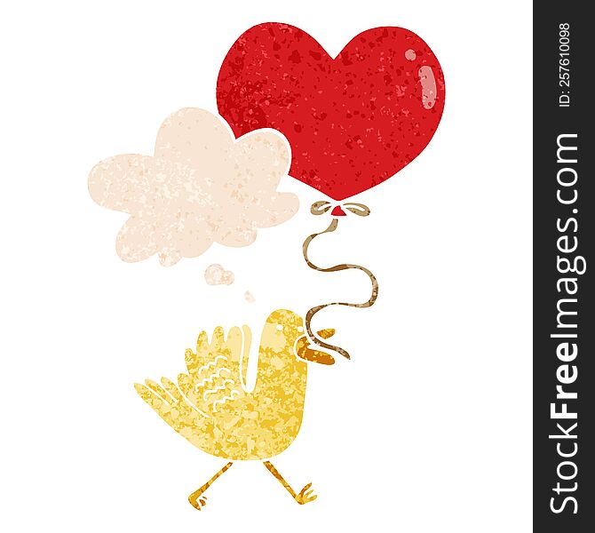 cartoon bird with heart balloon with thought bubble in grunge distressed retro textured style. cartoon bird with heart balloon with thought bubble in grunge distressed retro textured style