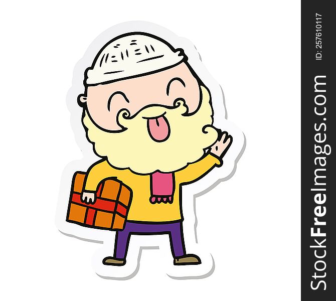 sticker of a man with beard carrying christmas present