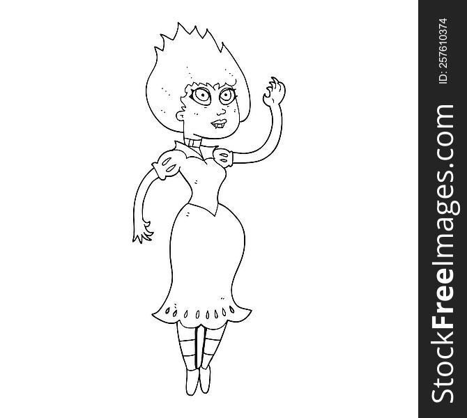 freehand drawn black and white cartoon vampire girl waving