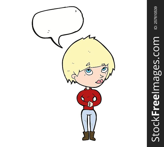 Cartoon Woman Considering With Speech Bubble
