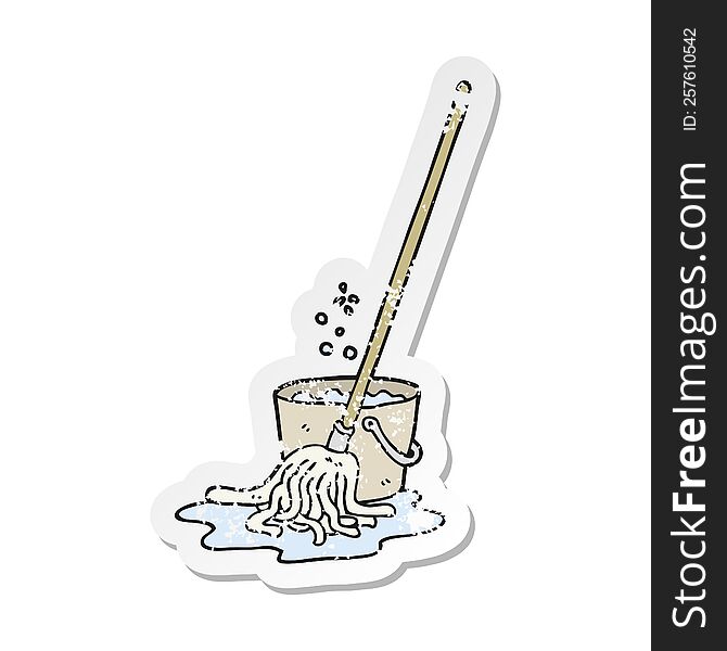 retro distressed sticker of a cartoon mop and bucket