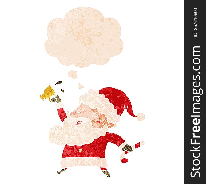 Cartoon Santa Claus With Hot Cocoa And Thought Bubble In Retro Textured Style