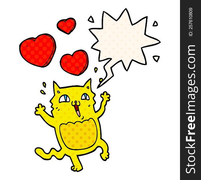 cartoon cat crazy in love and speech bubble in comic book style