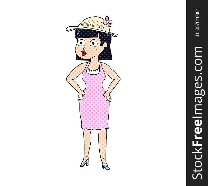 freehand drawn cartoon woman wearing sun hat