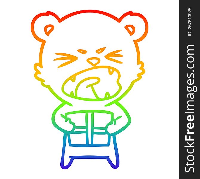 rainbow gradient line drawing of a angry cartoon bear with present