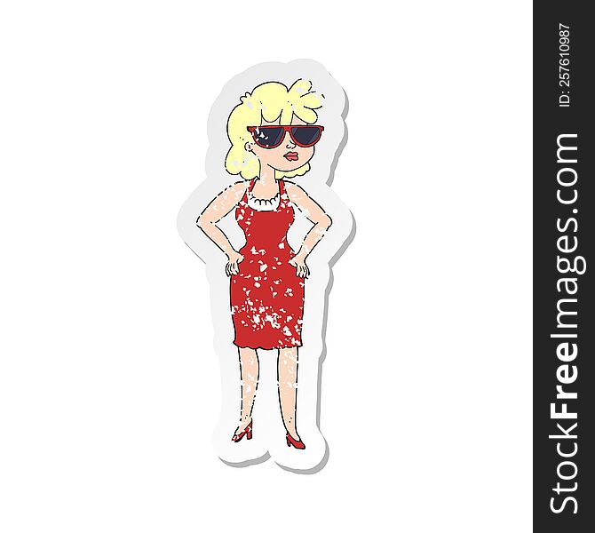 retro distressed sticker of a cartoon woman wearing sunglasses