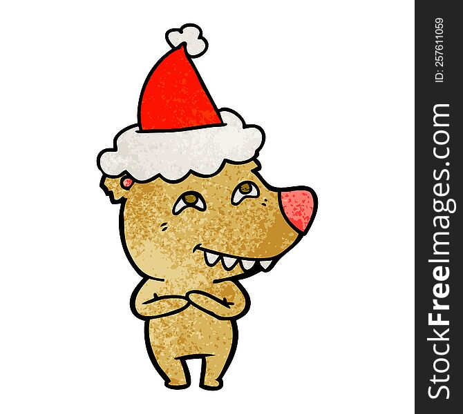 hand drawn textured cartoon of a bear showing teeth wearing santa hat