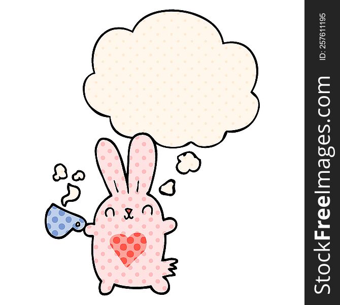 cute cartoon rabbit with love heart and coffee cup and thought bubble in comic book style