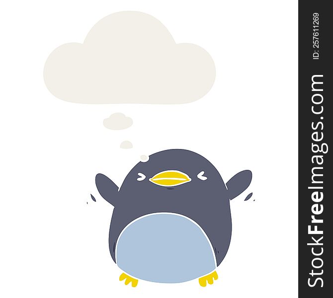 cute cartoon flapping penguin with thought bubble in retro style