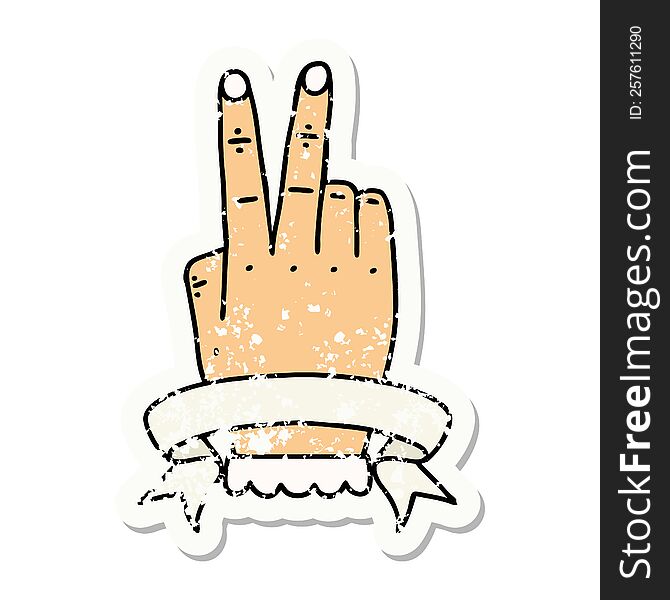 Retro Tattoo Style victory v hand gesture with banner. Retro Tattoo Style victory v hand gesture with banner