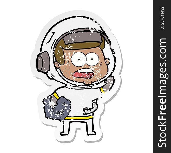 distressed sticker of a cartoon surprised astronaut holding moon rock