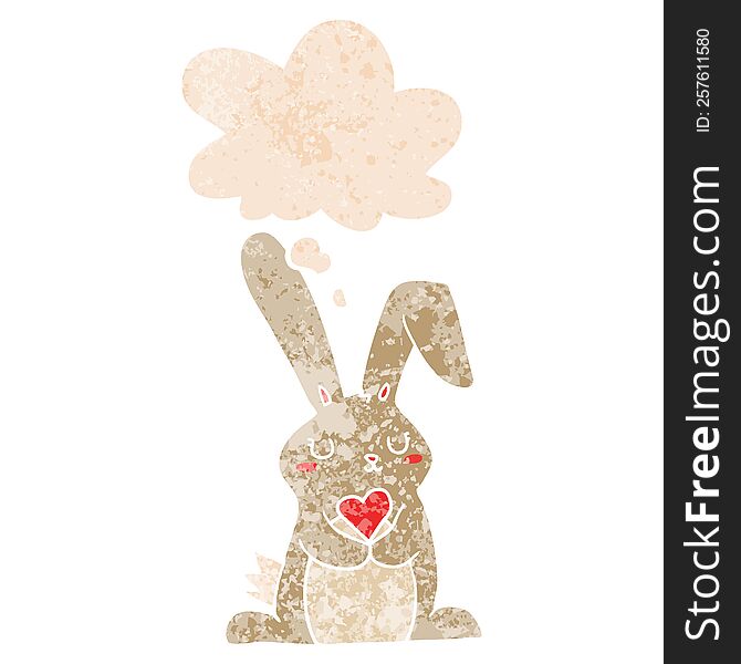 cartoon rabbit in love with thought bubble in grunge distressed retro textured style. cartoon rabbit in love with thought bubble in grunge distressed retro textured style