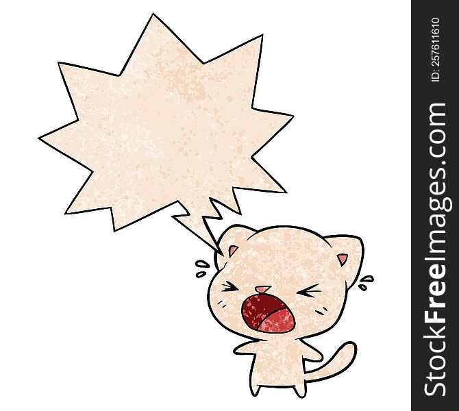 cute cartoon cat crying with speech bubble in retro texture style