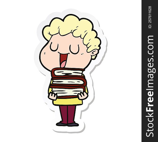 sticker of a laughing cartoon man with books