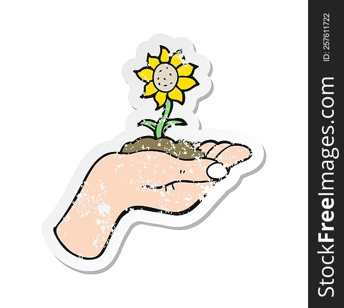 retro distressed sticker of a cartoon flower growing in palm of hand