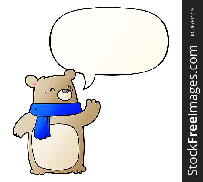 cartoon bear wearing scarf with speech bubble in smooth gradient style
