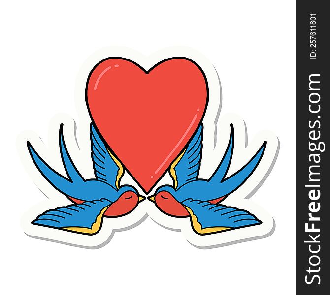 sticker of tattoo in traditional style of swallows and a heart. sticker of tattoo in traditional style of swallows and a heart