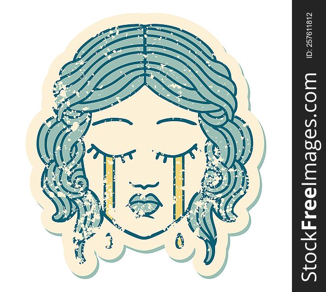 iconic distressed sticker tattoo style image of female face crying. iconic distressed sticker tattoo style image of female face crying