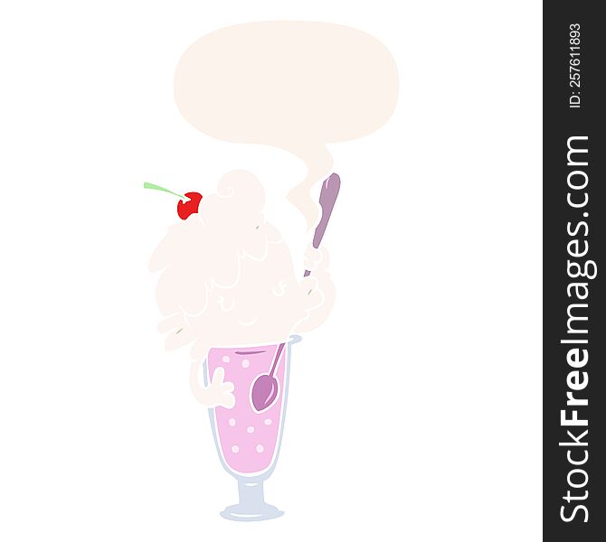 cartoon ice cream soda girl with speech bubble in retro style