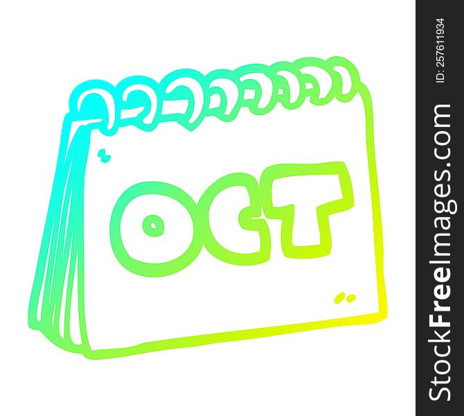 Cold Gradient Line Drawing Cartoon Calendar Showing Month Of October