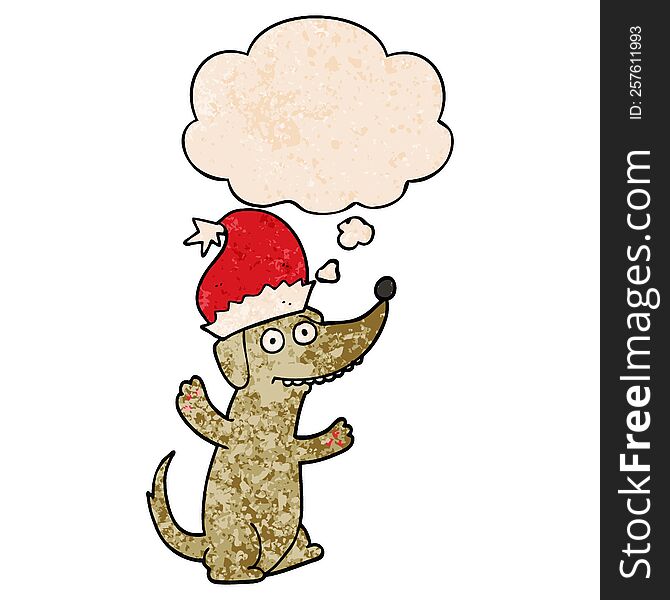 Cute Christmas Cartoon Dog And Thought Bubble In Grunge Texture Pattern Style