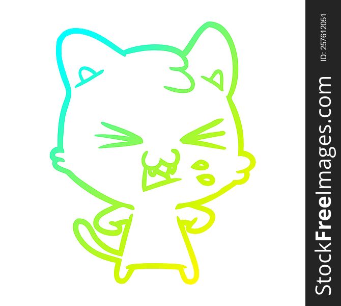 cold gradient line drawing of a cartoon cat hissing