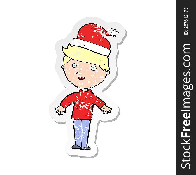 Retro Distressed Sticker Of A Cartoon Boy In Santa Hat