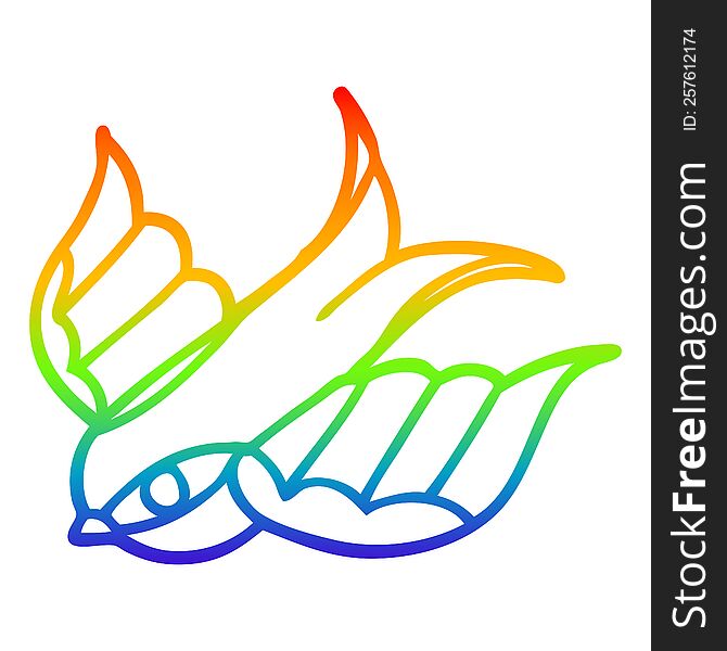 rainbow gradient line drawing of a cartoon tattoo swallow symbol