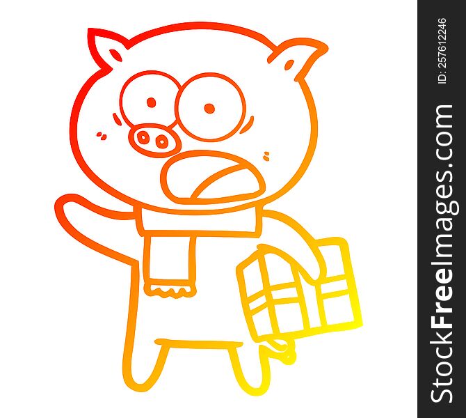 Warm Gradient Line Drawing Cartoon Pig With Christmas Present