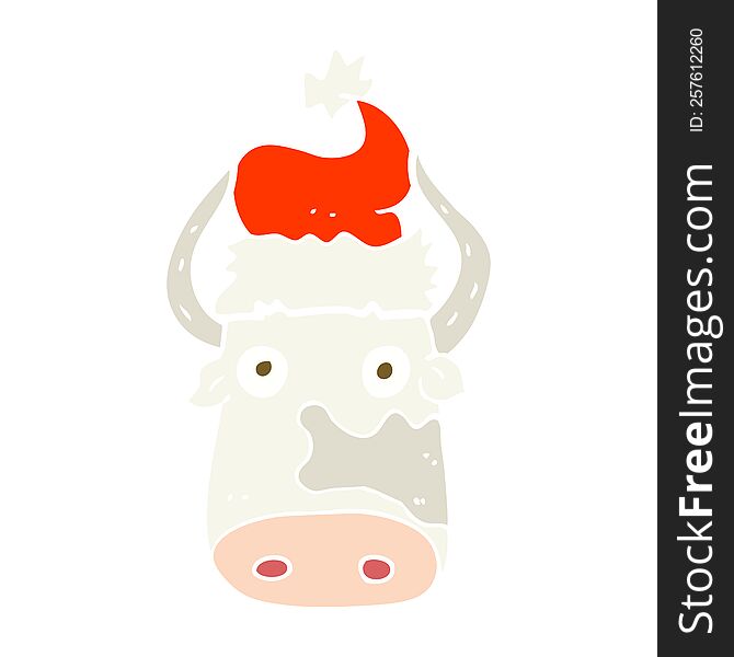 Flat Color Illustration Of A Cartoon Cow Wearing Christmas Hat