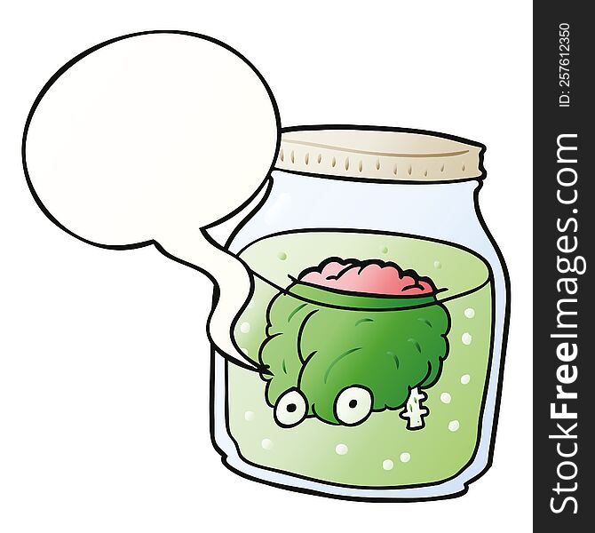 cartoon spooky brain floating in jar with speech bubble in smooth gradient style
