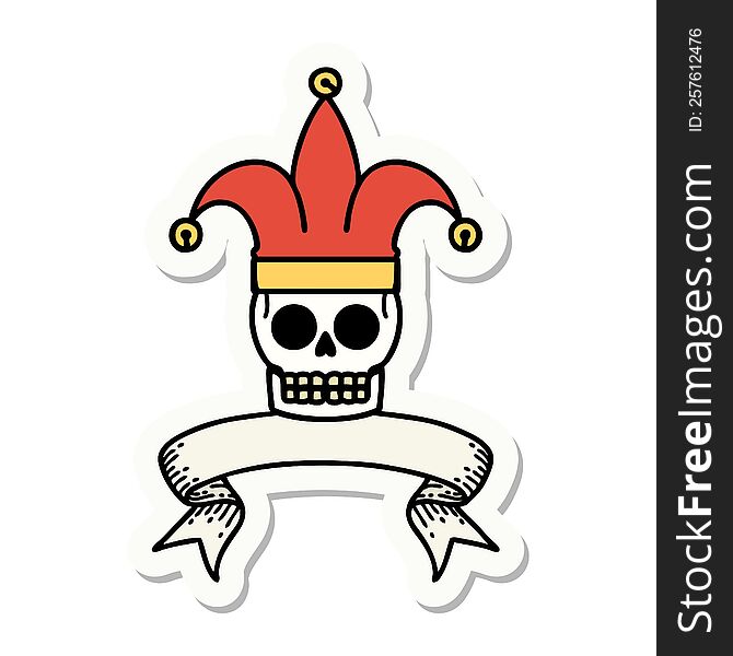 Tattoo Sticker With Banner Of A Skull Jester