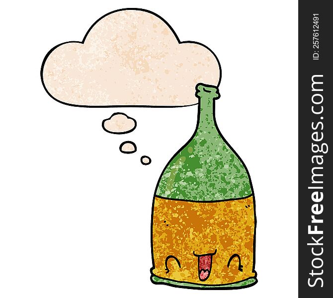 cartoon wine bottle with thought bubble in grunge texture style. cartoon wine bottle with thought bubble in grunge texture style