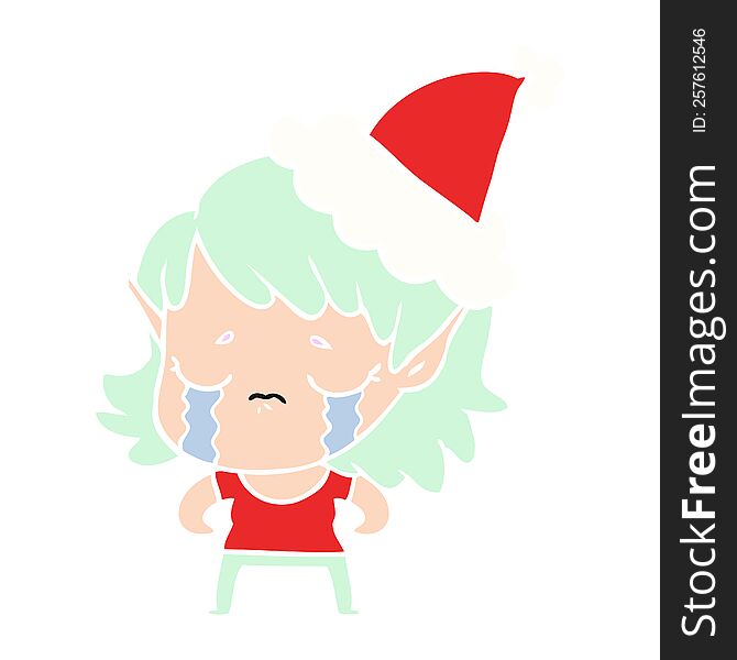 hand drawn flat color illustration of a crying elf girl wearing santa hat