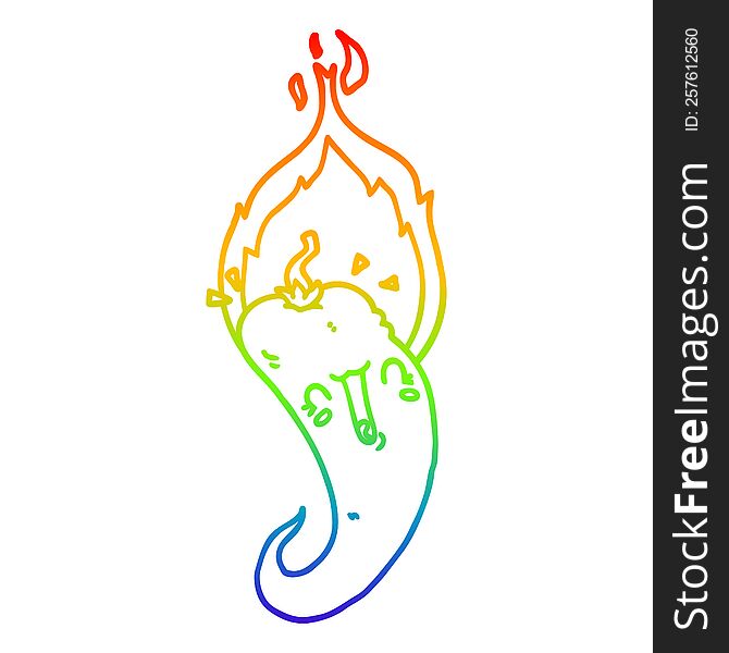 rainbow gradient line drawing of a cartoon flaming hot chili pepper