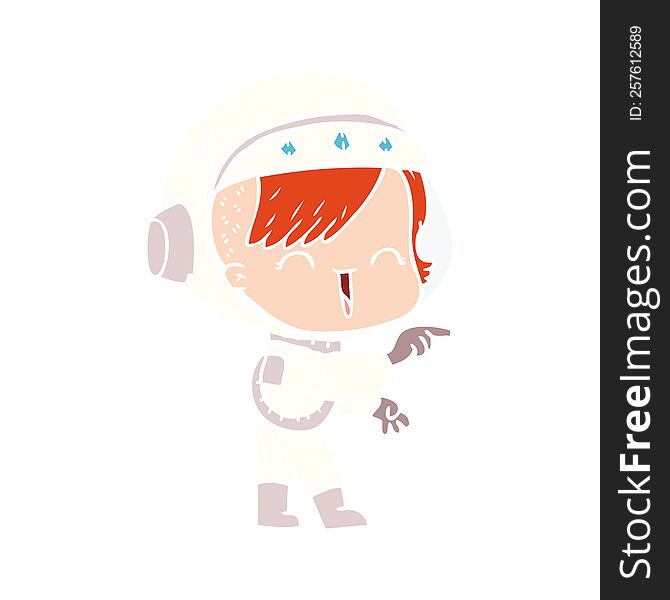 flat color style cartoon astronaut girl pointing and laughing