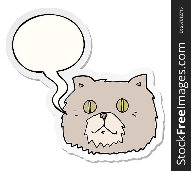 cartoon cat face with speech bubble sticker. cartoon cat face with speech bubble sticker