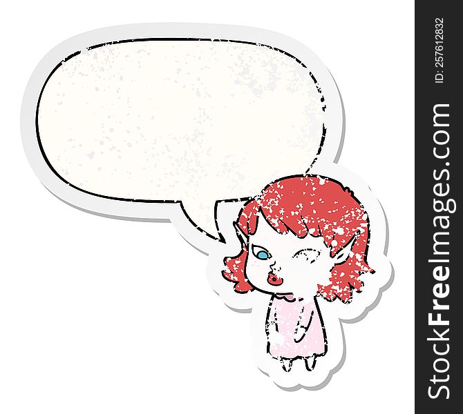 Cartoon Elf Girl And Pointy Ears And Speech Bubble Distressed Sticker