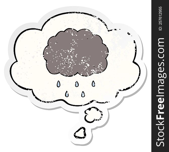 cartoon cloud raining with thought bubble as a distressed worn sticker