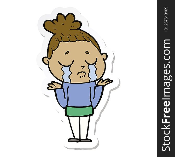 sticker of a cartoon crying woman shrugging