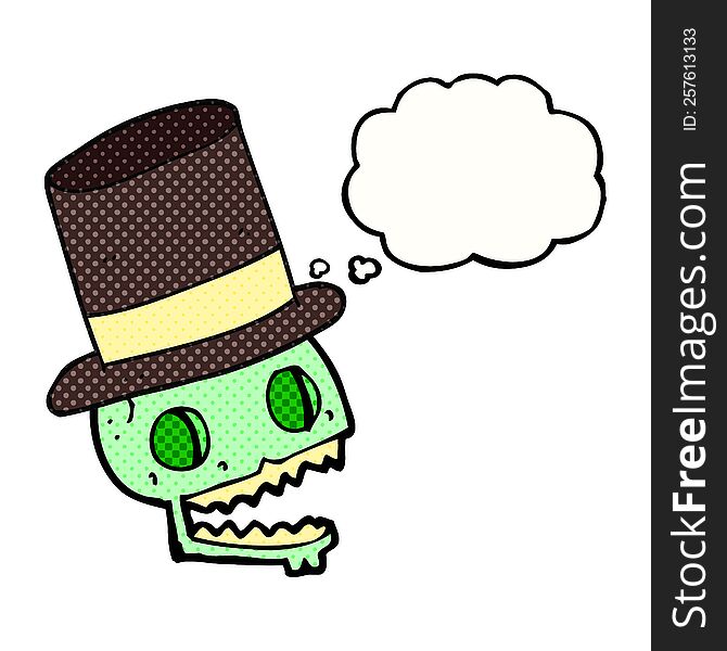 freehand drawn thought bubble cartoon laughing skull in top hat