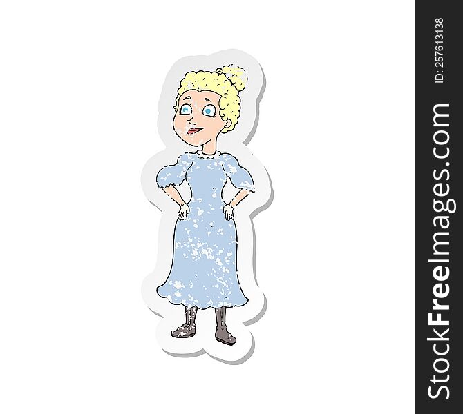 retro distressed sticker of a cartoon victorian woman in dress