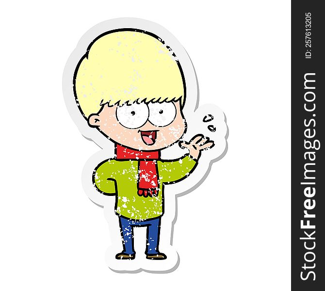 Distressed Sticker Of A Happy Cartoon Boy Waving