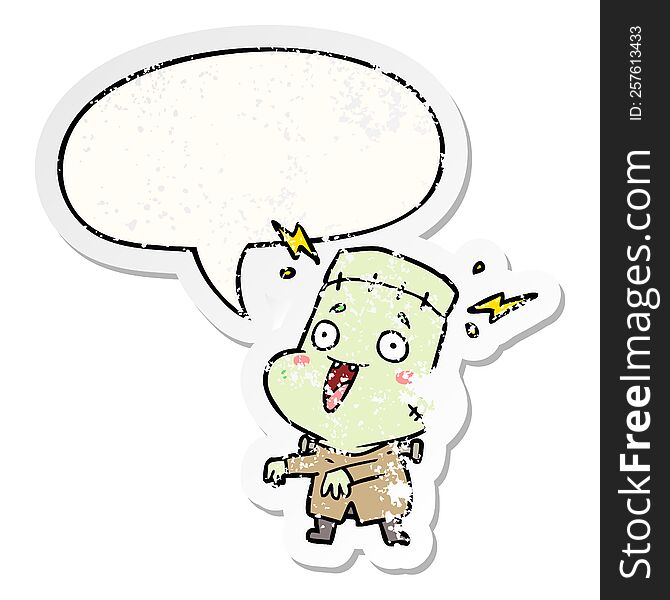 Cartoon Undead Monster Creation Man And Speech Bubble Distressed Sticker