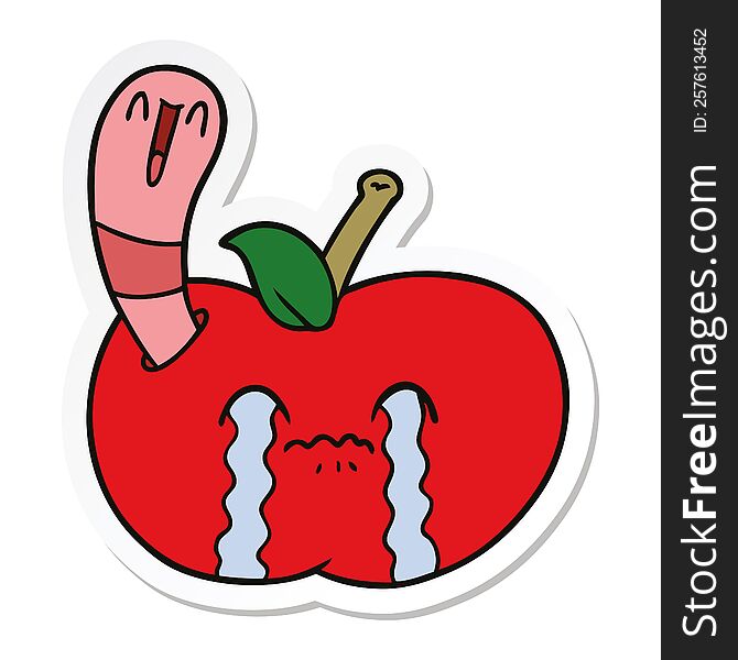 Sticker Of A Cartoon Worm Eating An Apple