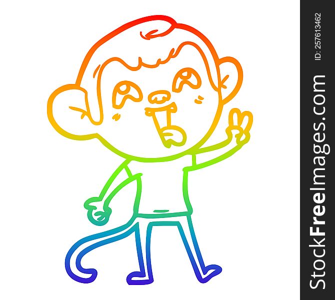 rainbow gradient line drawing crazy cartoon monkey giving peace sign