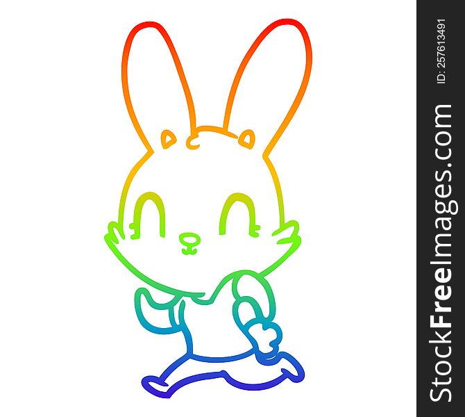 rainbow gradient line drawing of a cute cartoon rabbit running