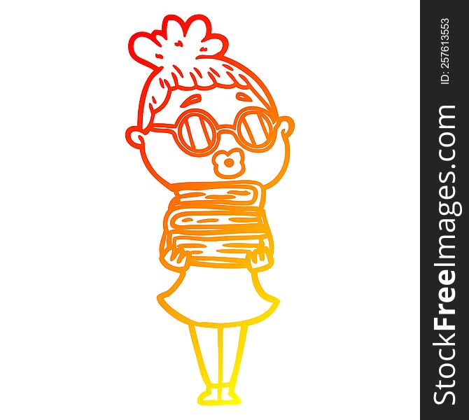 warm gradient line drawing of a cartoon librarian woman wearing spectacles