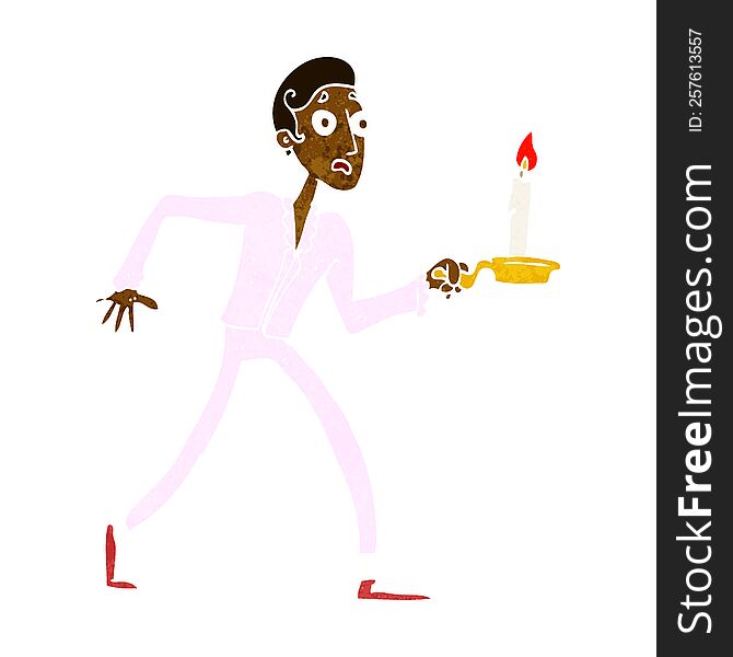 Cartoon Frightened Man Walking With Candlestick